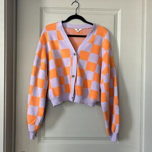 Ascot & Hart Purple and Orange Checkered Cardigan